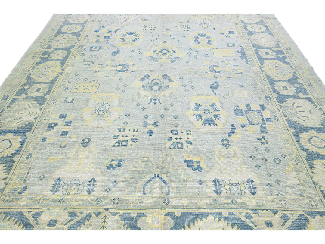 Gray Modern Turkish Oushak Handmade Floral Pattern Wool Rug