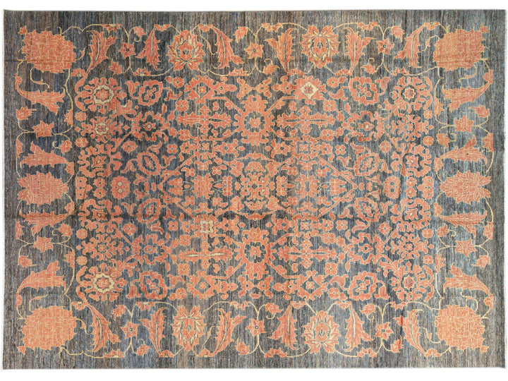 Modern Oushak Handmade Floral Designed Gray and Orange Oversize Wool Rug