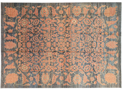 Modern Oushak Handmade Floral Designed Gray and Orange Oversize Wool Rug