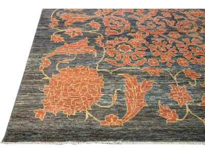 Modern Oushak Handmade Floral Designed Gray and Orange Oversize Wool Rug