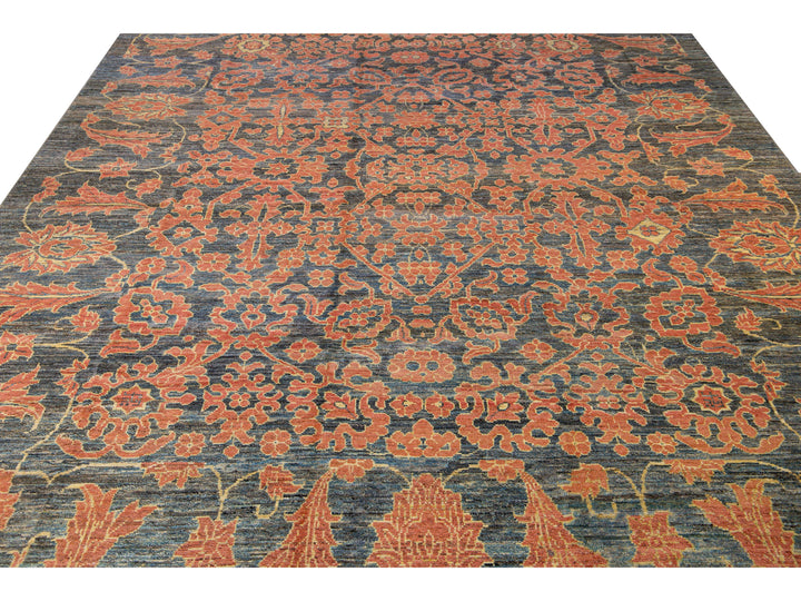 Modern Oushak Handmade Floral Designed Gray and Orange Oversize Wool Rug