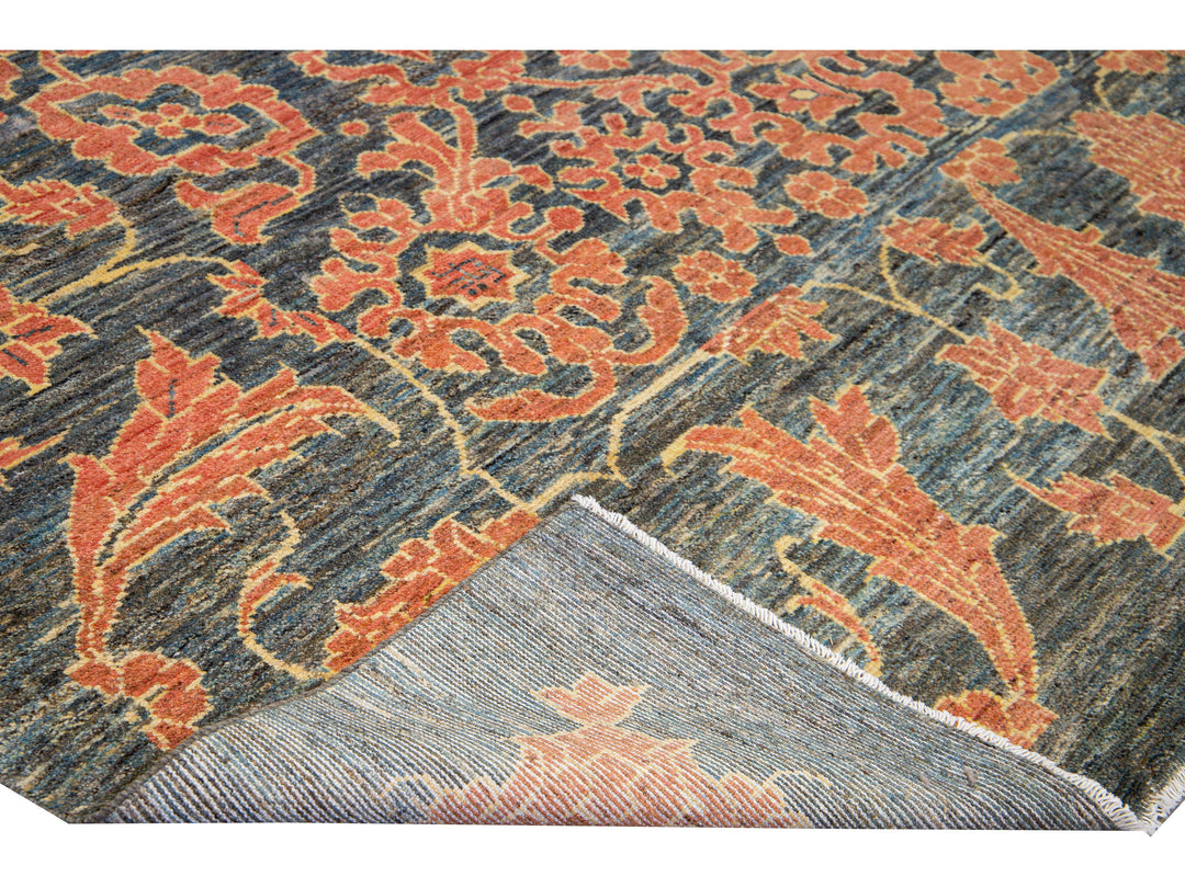 Modern Oushak Handmade Floral Designed Gray and Orange Oversize Wool Rug