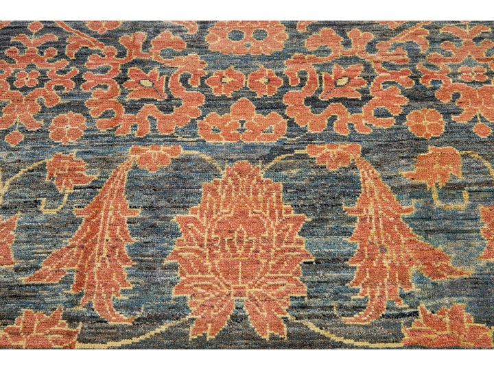 Modern Oushak Handmade Floral Designed Gray and Orange Oversize Wool Rug