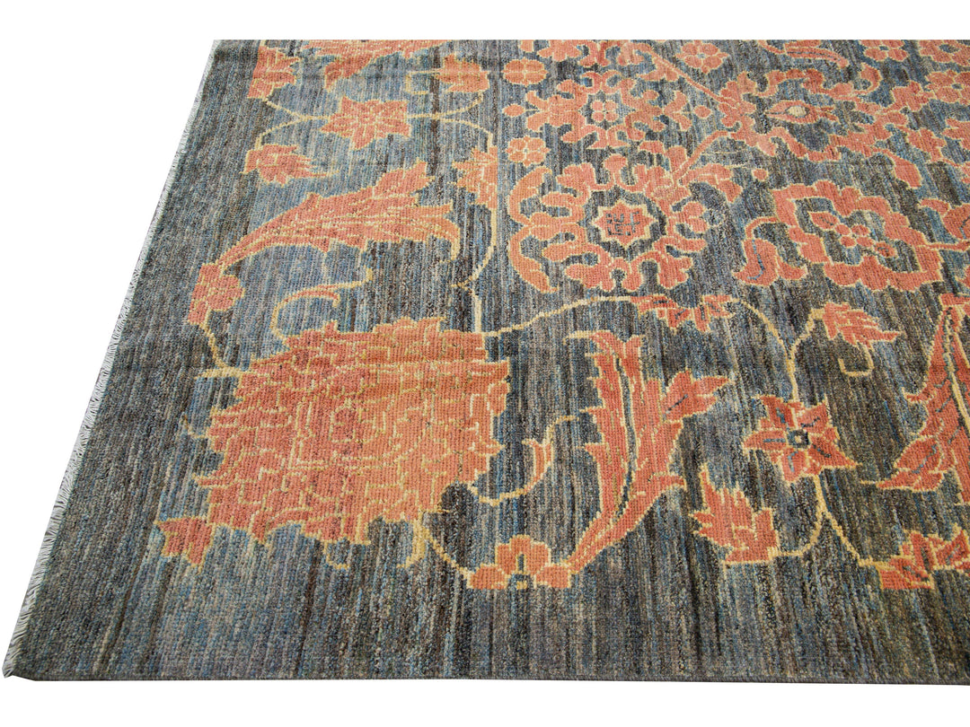 Modern Oushak Handmade Floral Designed Gray and Orange Oversize Wool Rug