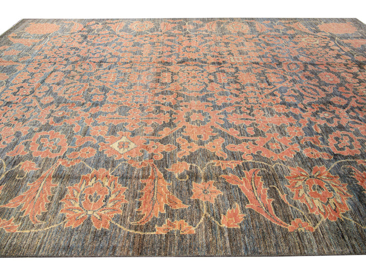 Modern Oushak Handmade Floral Designed Gray and Orange Oversize Wool Rug