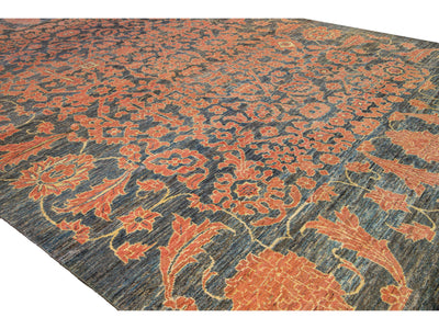 Modern Oushak Handmade Floral Designed Gray and Orange Oversize Wool Rug