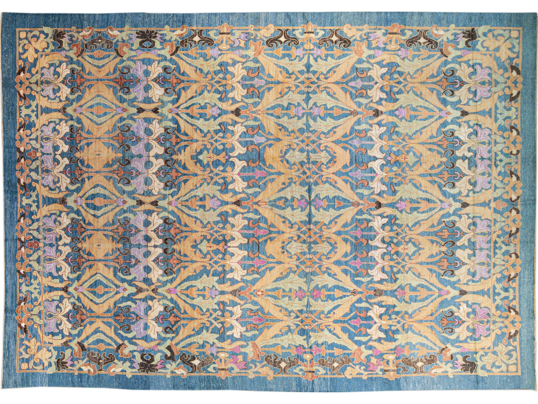 Modern Oushak Handmade Floral Pattern Blue Oversize Wool Rug