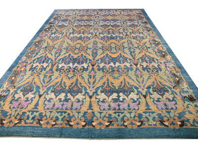 Modern Oushak Handmade Floral Pattern Blue Oversize Wool Rug