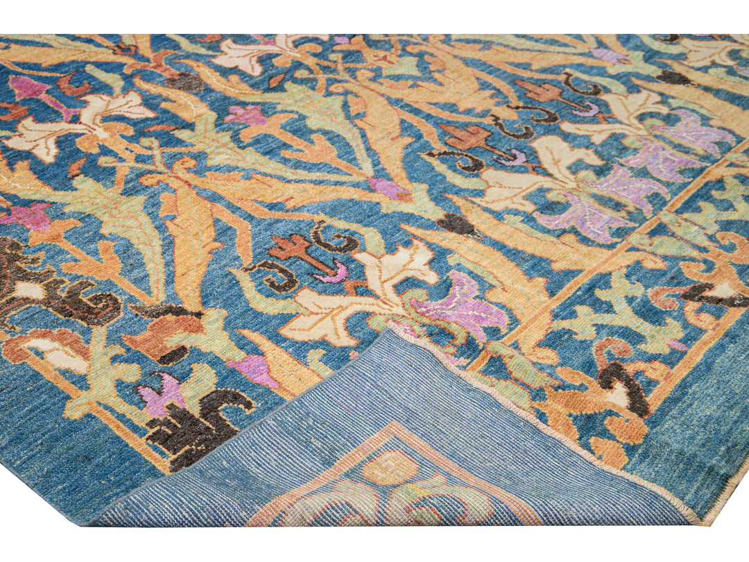Modern Oushak Handmade Floral Pattern Blue Oversize Wool Rug