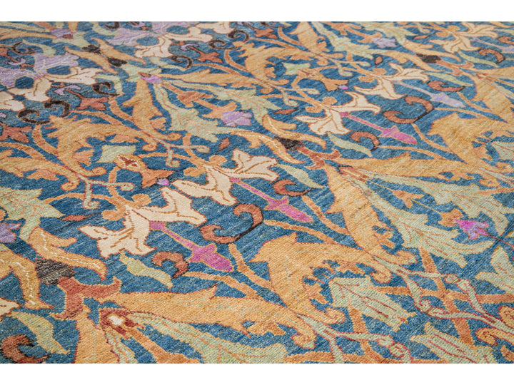 Modern Oushak Handmade Floral Pattern Blue Oversize Wool Rug