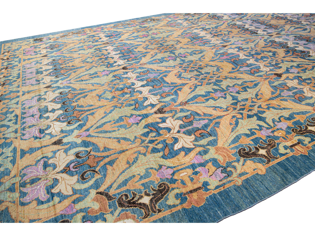 Modern Oushak Handmade Floral Pattern Blue Oversize Wool Rug