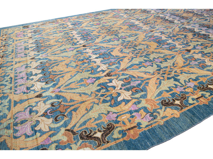 Modern Oushak Handmade Floral Pattern Blue Oversize Wool Rug