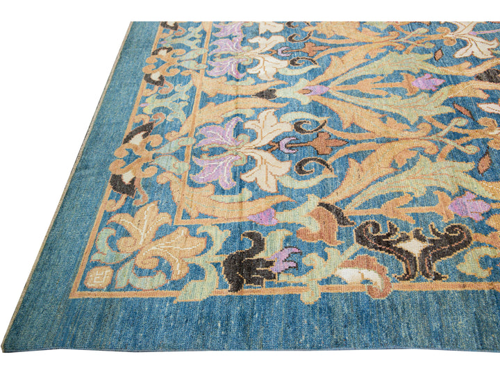 Modern Oushak Handmade Floral Pattern Blue Oversize Wool Rug