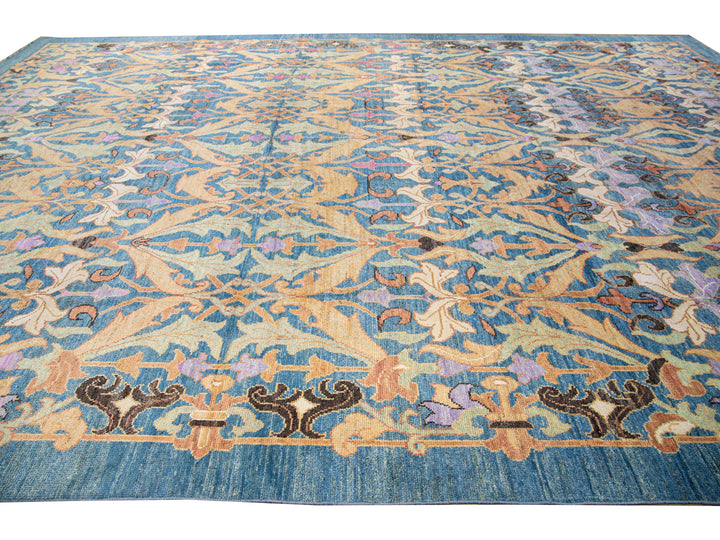 Modern Oushak Handmade Floral Pattern Blue Oversize Wool Rug