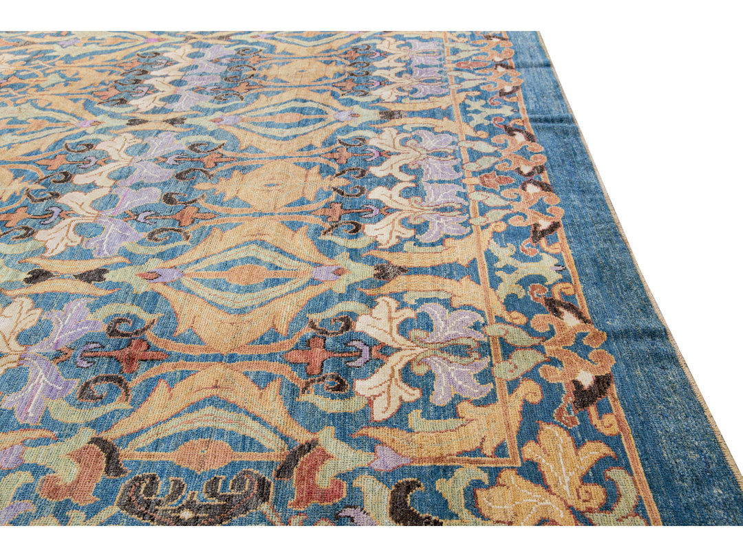 Modern Oushak Handmade Floral Pattern Blue Oversize Wool Rug
