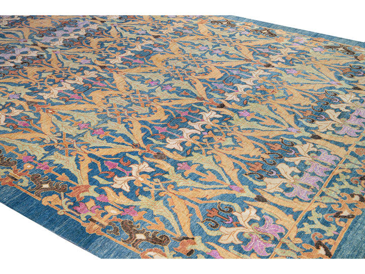 Modern Oushak Handmade Floral Pattern Blue Oversize Wool Rug