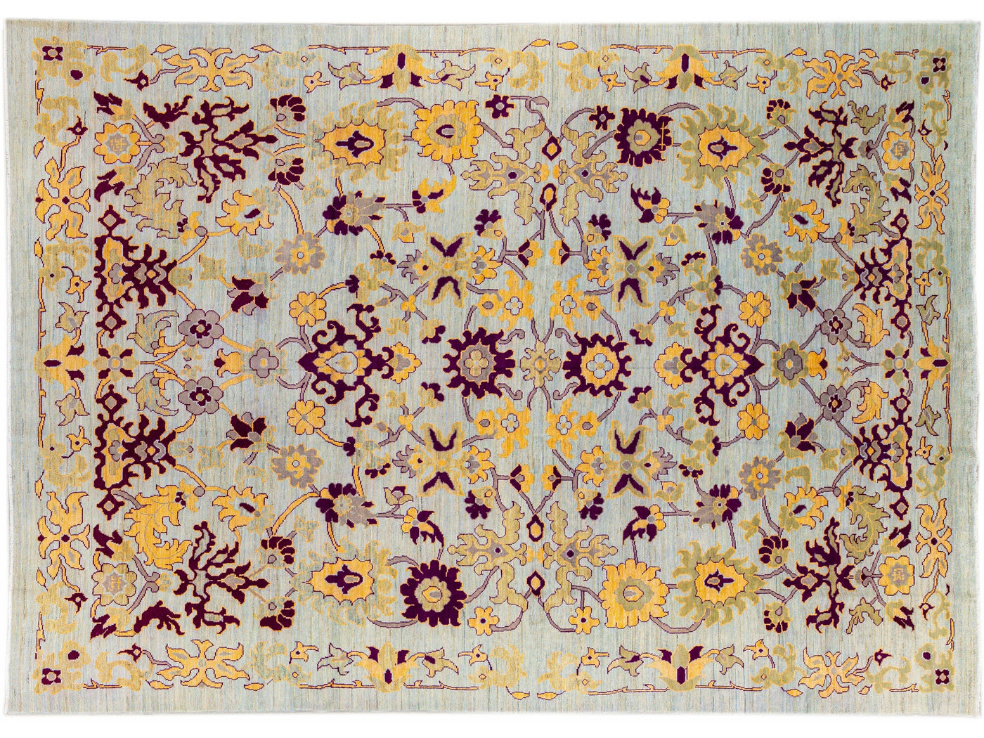 Modern Oushak Blue Handmade Floral Oversize Wool Rug