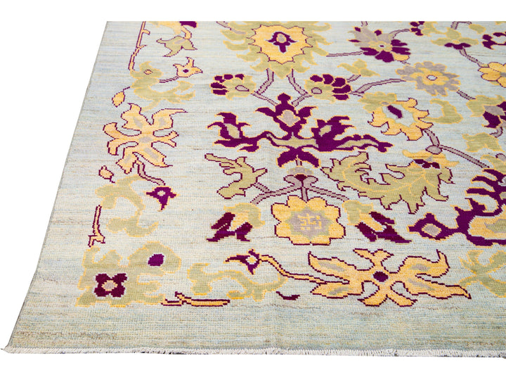Modern Oushak Blue Handmade Floral Oversize Wool Rug