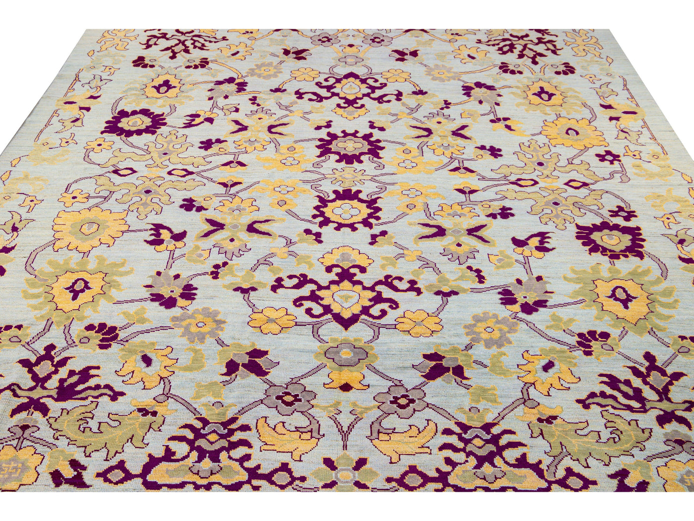 Modern Oushak Blue Handmade Floral Oversize Wool Rug