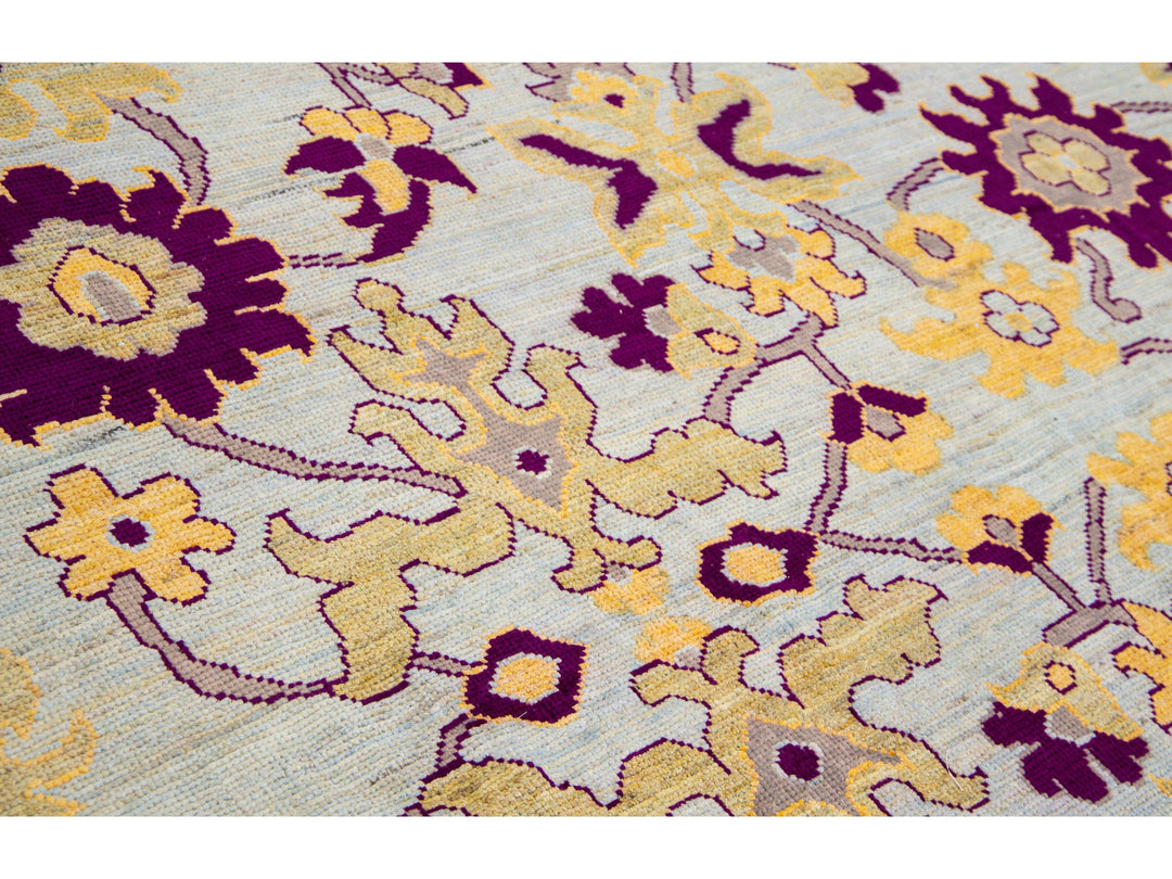 Modern Oushak Blue Handmade Floral Oversize Wool Rug