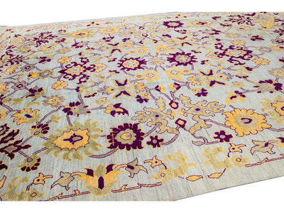 Modern Oushak Blue Handmade Floral Oversize Wool Rug