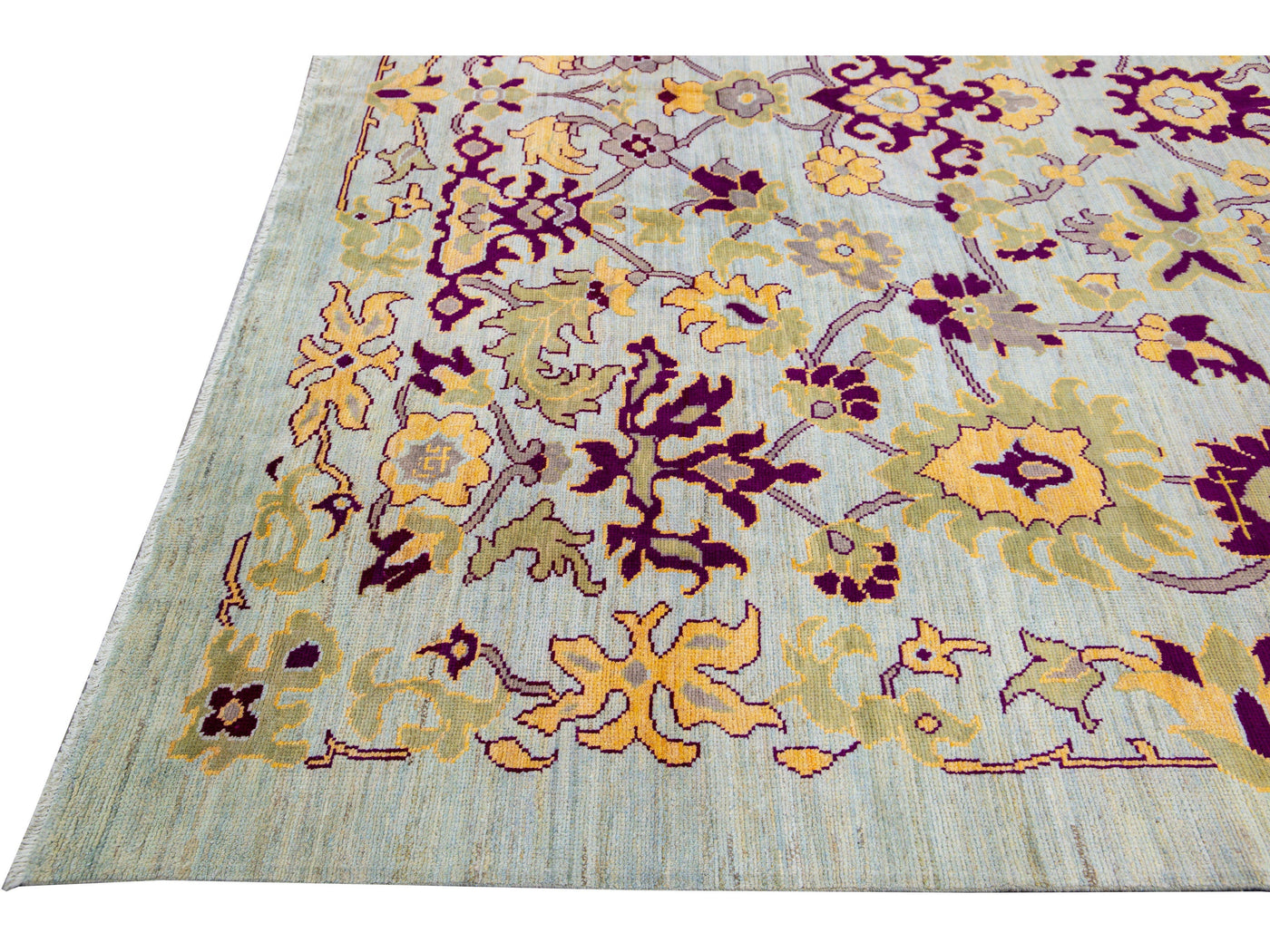 Modern Oushak Blue Handmade Floral Oversize Wool Rug