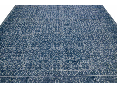 Blue Mid-Century Modern Style Handmade Floral Trellis Motif Wool Rug