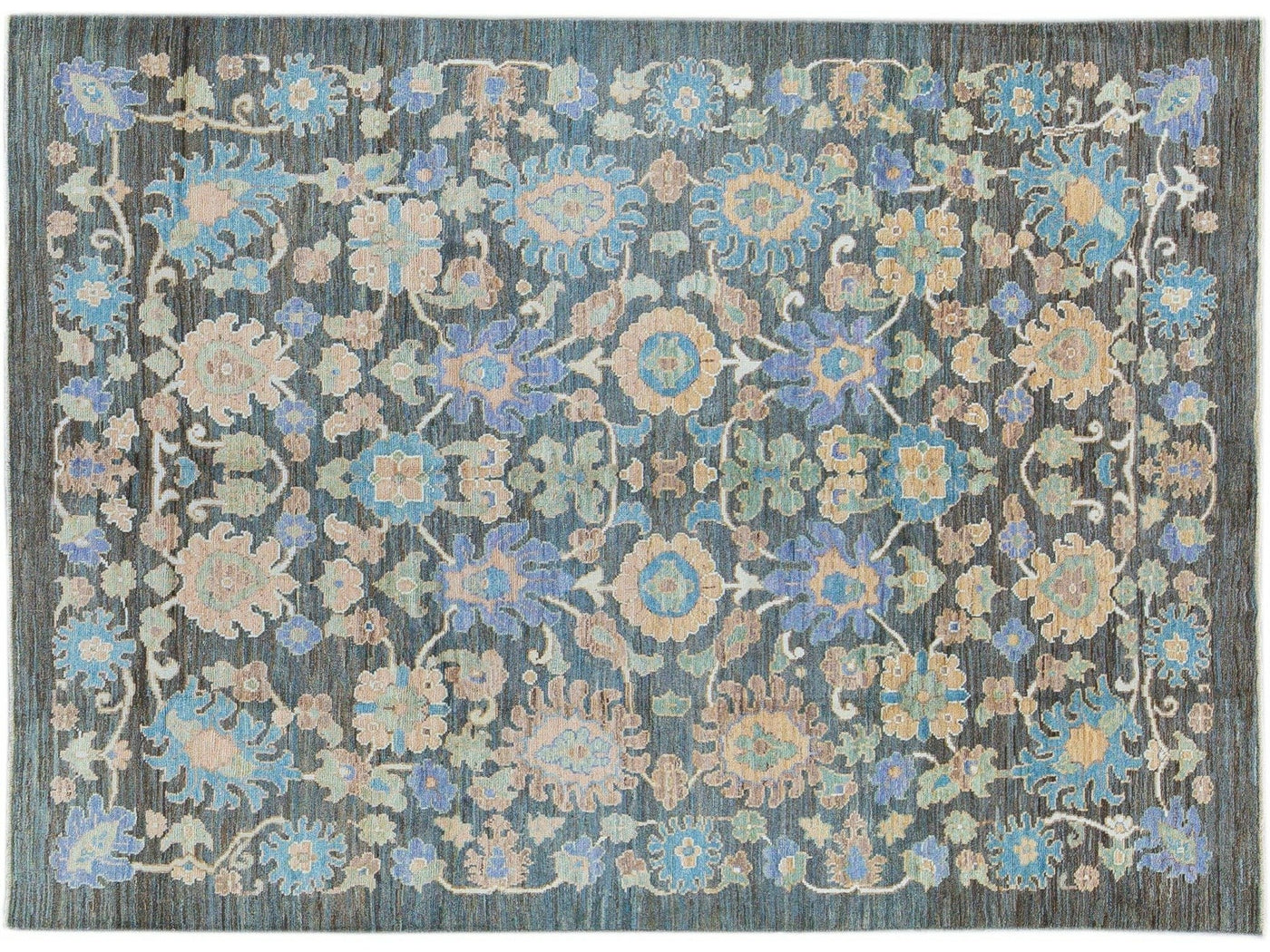 Modern Oushak Handmade Blue Floral Wool Rug