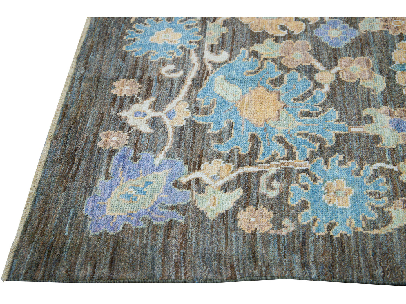Modern Oushak Handmade Blue Floral Wool Rug