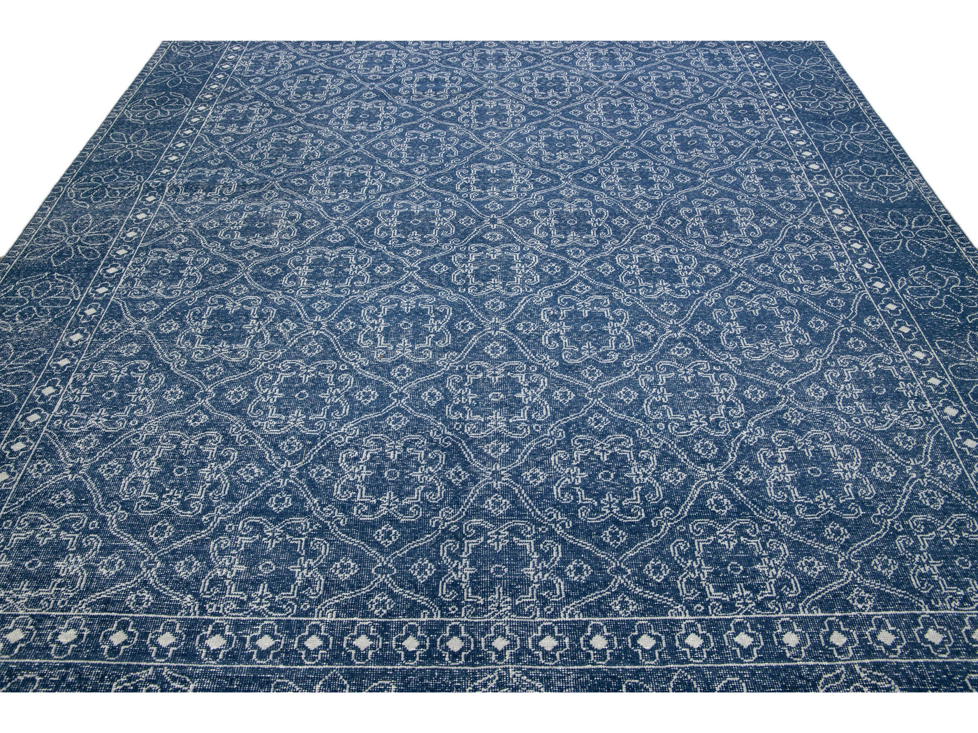 Mid-Century Modern Style Handmade Floral Trellis Motif Navy Blue Wool Rug