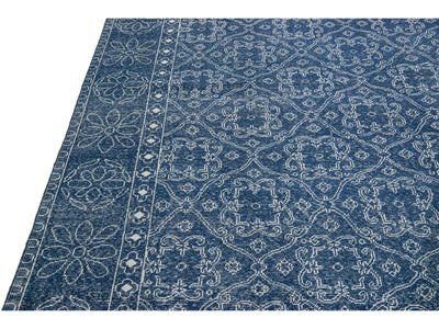 Mid-Century Modern Style Handmade Floral Trellis Motif Navy Blue Wool Rug