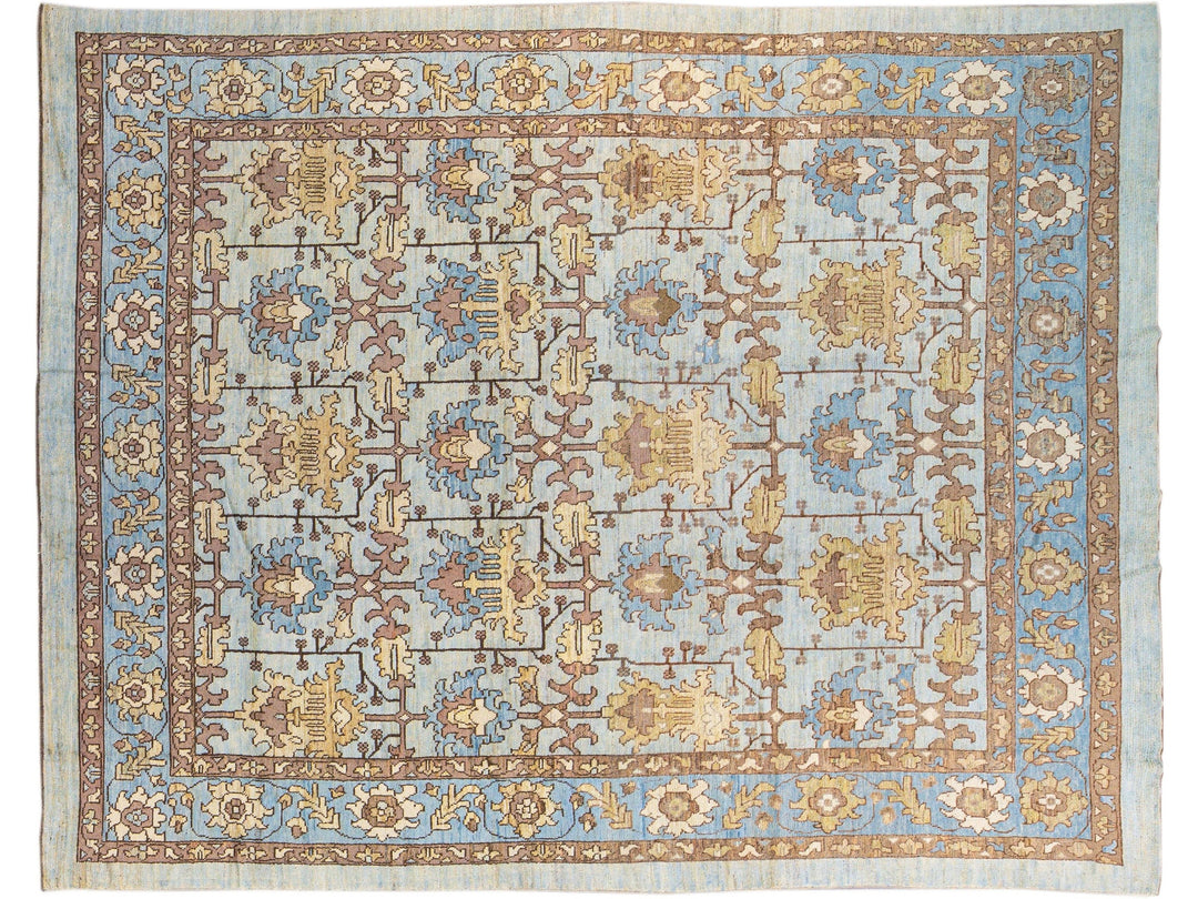 Modern Oushak Handmade Blue Designed Floral Pattern Oversize Wool Rug