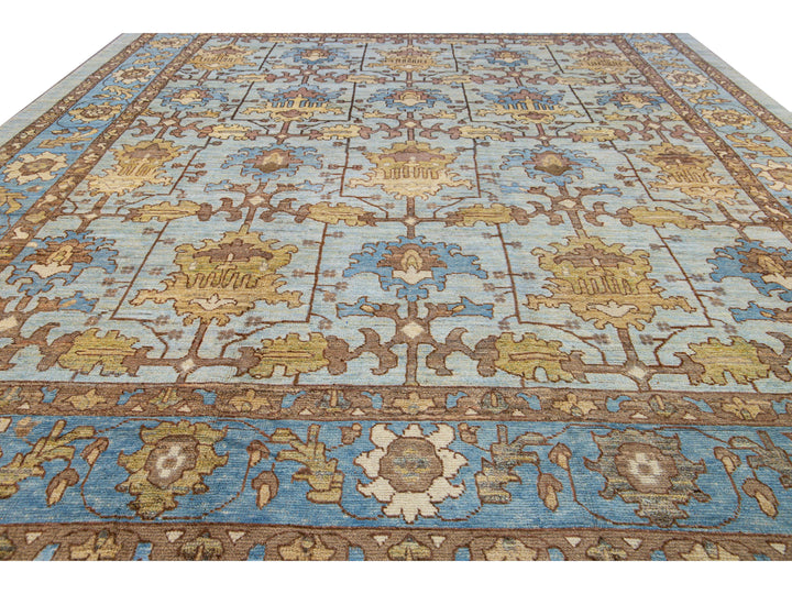 Modern Oushak Handmade Blue Designed Floral Pattern Oversize Wool Rug