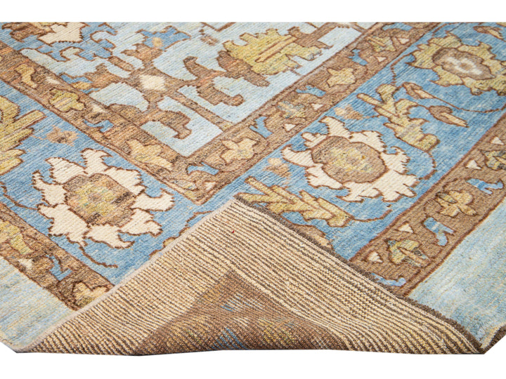 Modern Oushak Handmade Blue Designed Floral Pattern Oversize Wool Rug