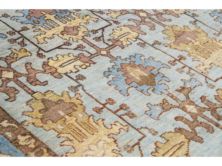 Modern Oushak Handmade Blue Designed Floral Pattern Oversize Wool Rug