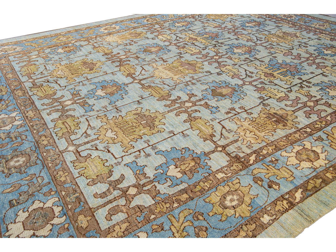 Modern Oushak Handmade Blue Designed Floral Pattern Oversize Wool Rug