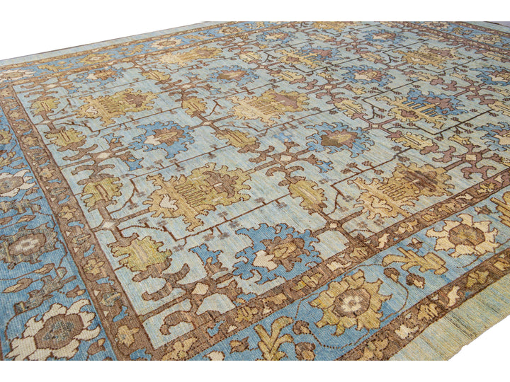 Modern Oushak Handmade Blue Designed Floral Pattern Oversize Wool Rug