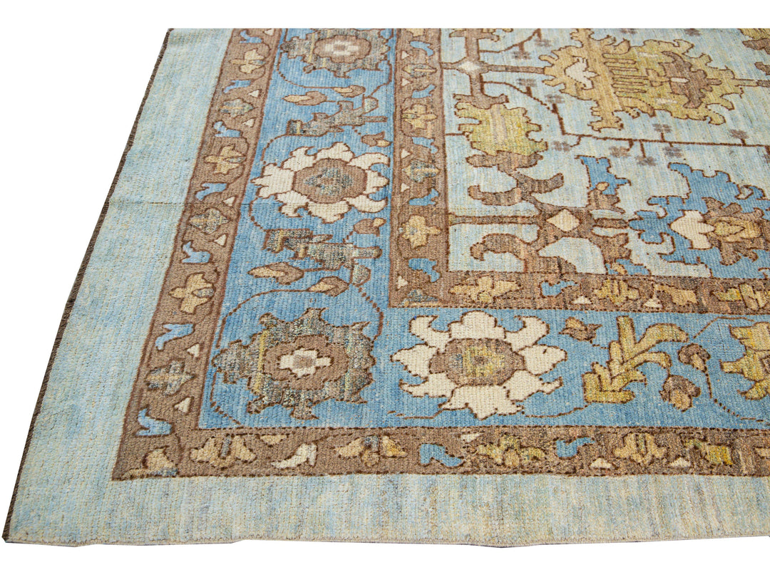 Modern Oushak Handmade Blue Designed Floral Pattern Oversize Wool Rug