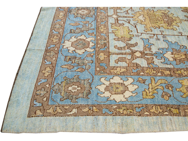 Modern Oushak Handmade Blue Designed Floral Pattern Oversize Wool Rug