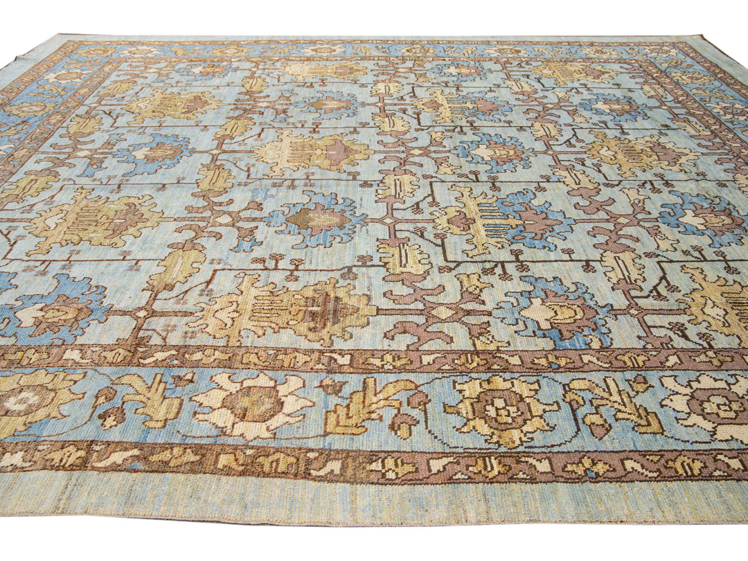 Modern Oushak Handmade Blue Designed Floral Pattern Oversize Wool Rug