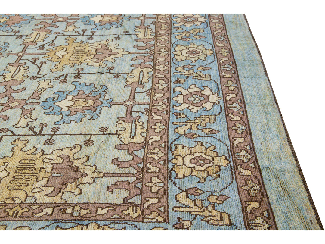 Modern Oushak Handmade Blue Designed Floral Pattern Oversize Wool Rug