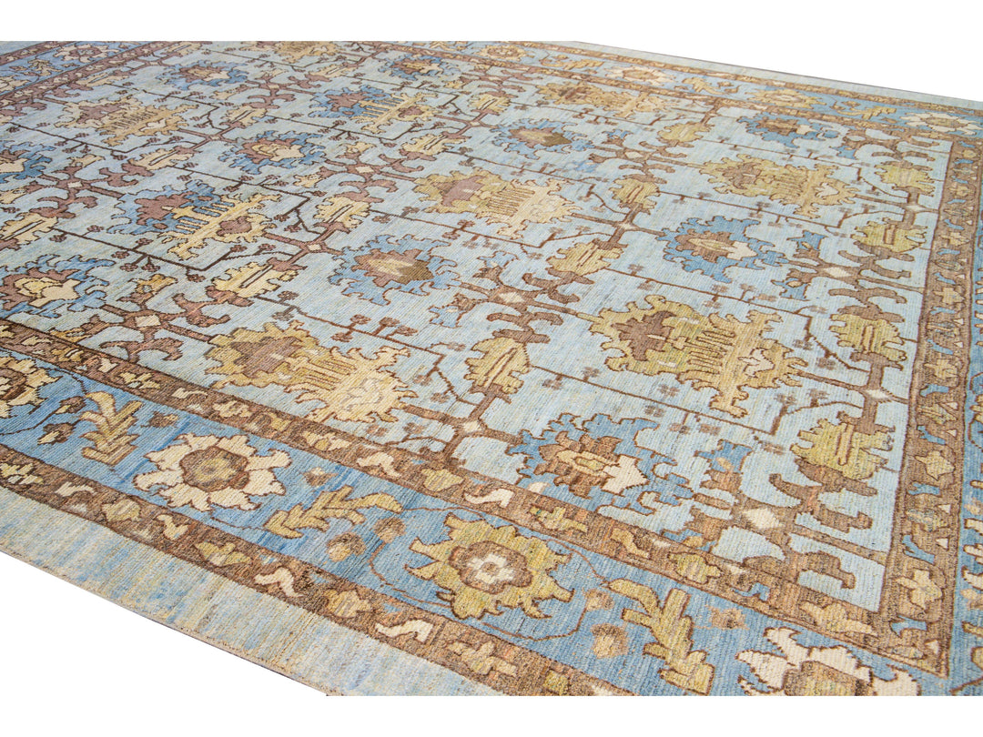 Modern Oushak Handmade Blue Designed Floral Pattern Oversize Wool Rug