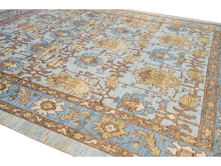 Modern Oushak Handmade Blue Designed Floral Pattern Oversize Wool Rug