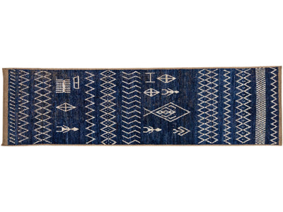 Navy Blue Modern Moroccan Style Handmade Wool Runner with Tribal Design