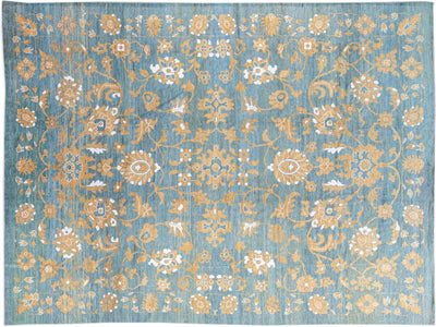 Modern Oushak Blue Handmade Tribal Floral Oversize Wool Rug