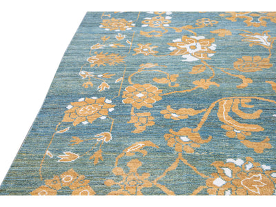 Modern Oushak Blue Handmade Tribal Floral Oversize Wool Rug