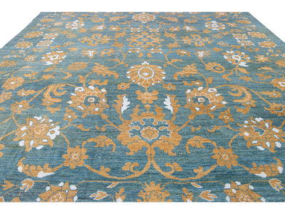 Modern Oushak Blue Handmade Tribal Floral Oversize Wool Rug