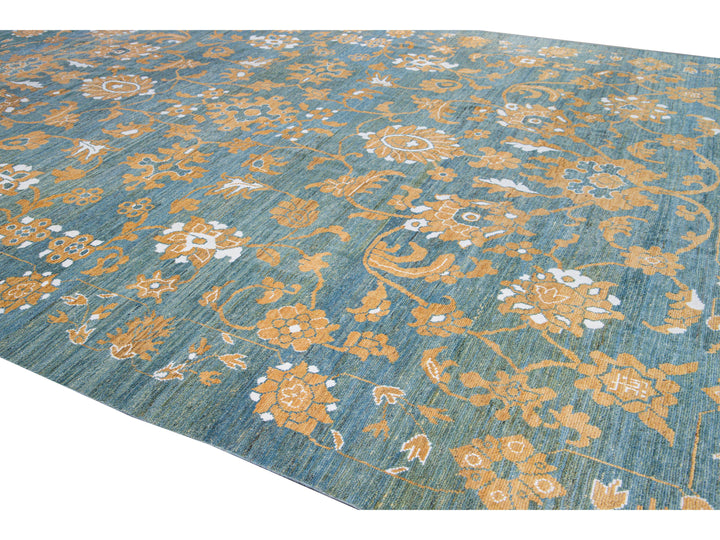 Modern Oushak Blue Handmade Tribal Floral Oversize Wool Rug