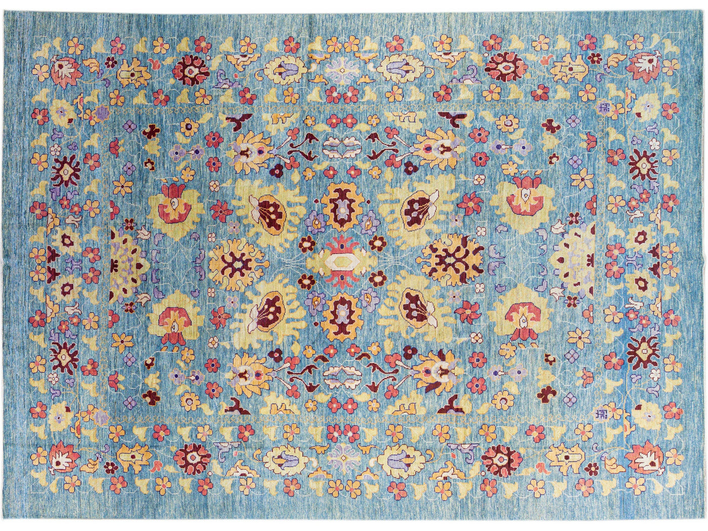 Modern Oushak Handmade Floral Oversize Blue Wool Rug