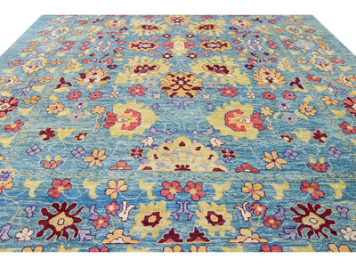 Modern Oushak Handmade Floral Oversize Blue Wool Rug